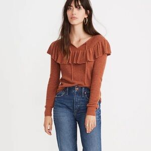 Madewell Rust Ruffled Tie-Front Pullover Sweater